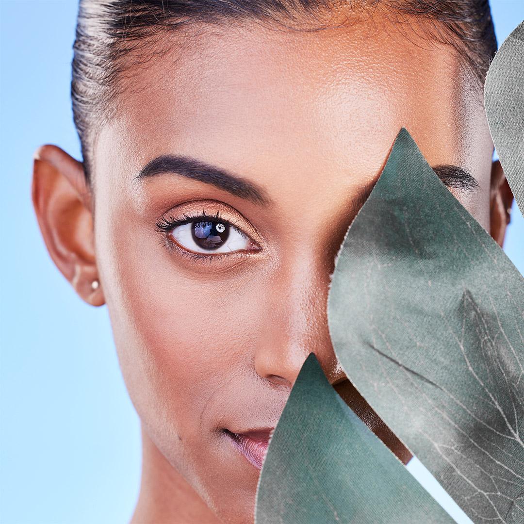 leaf-beauty-and-portrait-of-woman-in-studio-for-e-2023-11-27-05-08-24-utc